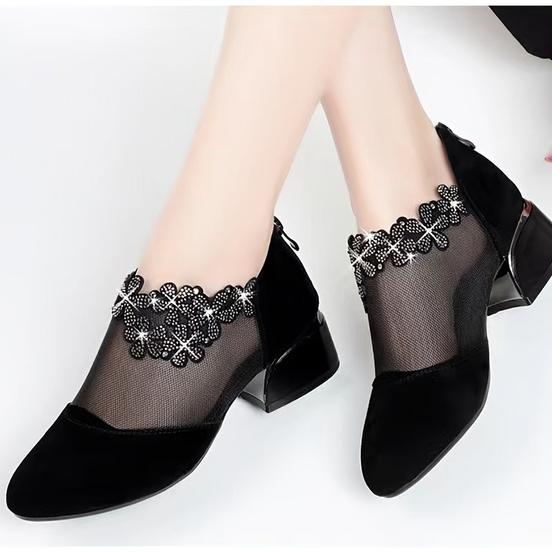 Women's Mesh Rhinestone Block Heel Zipper Dress Shoes