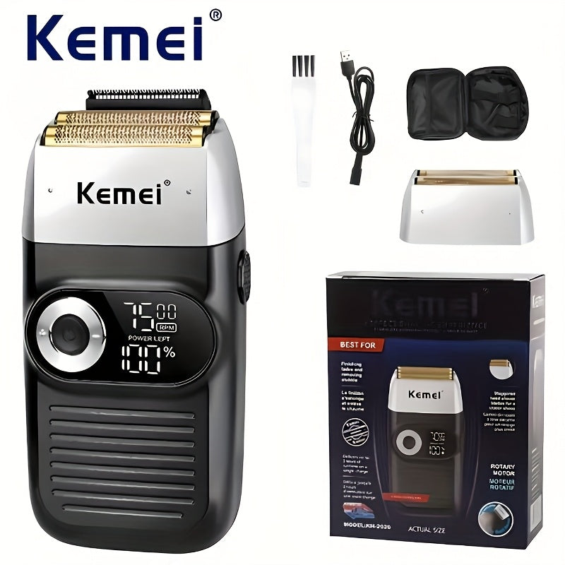 Kemei KM-2026 Qayta to'ldiriladigan simsiz soqol olish mashinasi erkaklar uchun LCD displey bilan, ikki xil qirqish boshli, USB orqali zaryadlash, 60+ daqiqa ishlash va aksessuarlar (Oq kabel, qora quti)