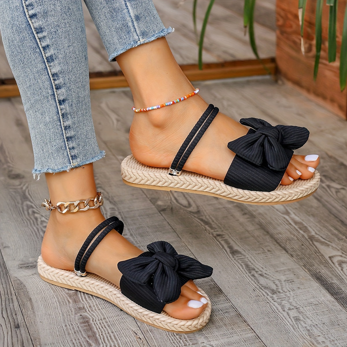 Women's Faux Leather Bowknot Decor Slide Sandals Casual Open Toe Flat Summer Shoes