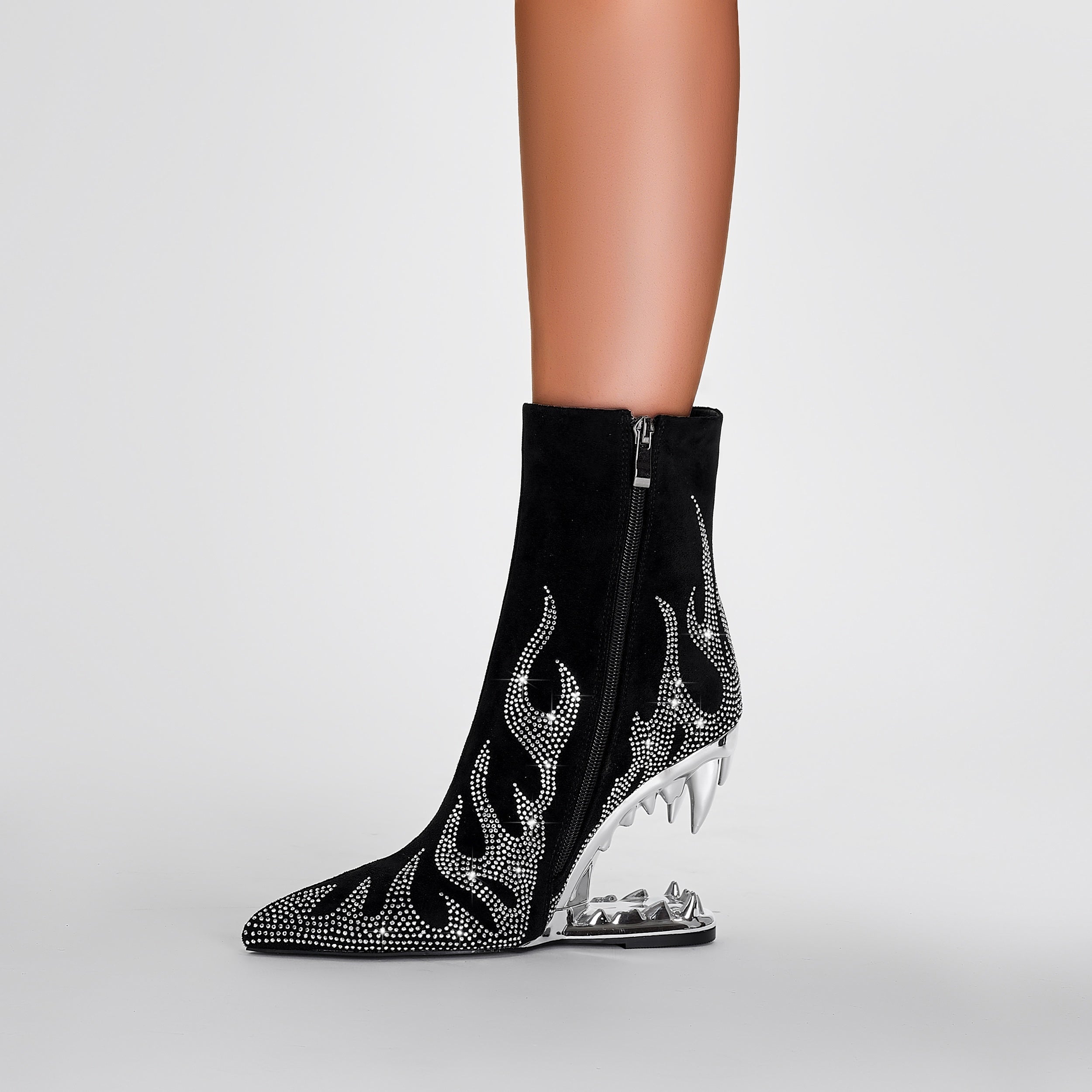 Women's Black Pointed Toe Ankle Boots with Rhinestones and Zipper