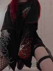 Y2K Spider Web Pattern Faux Two-Piece T-Shirt Long Sleeve Crew Neck Fall Winter