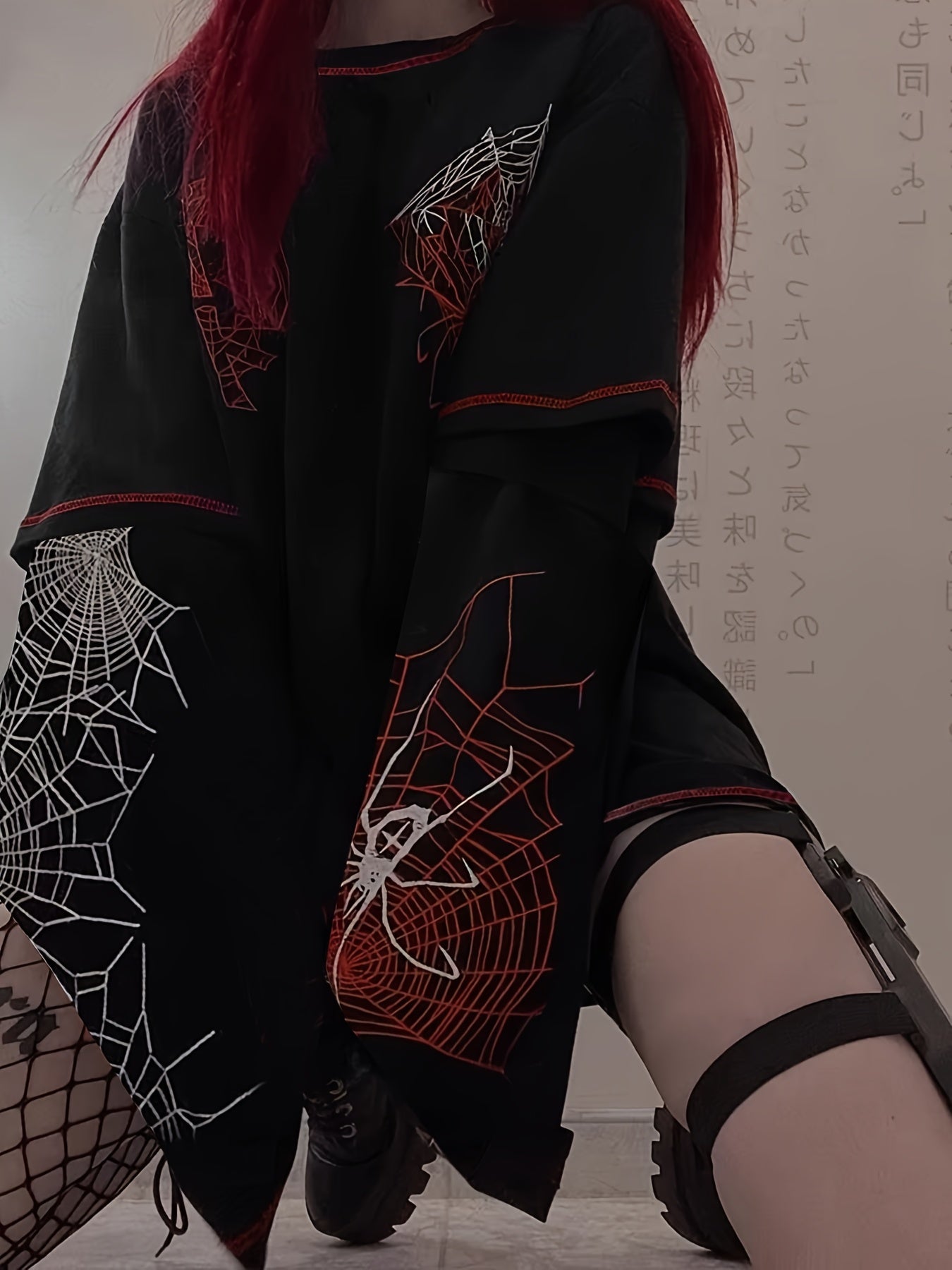 Y2K Spider Web Pattern Faux Two-Piece T-Shirt Long Sleeve Crew Neck Fall Winter