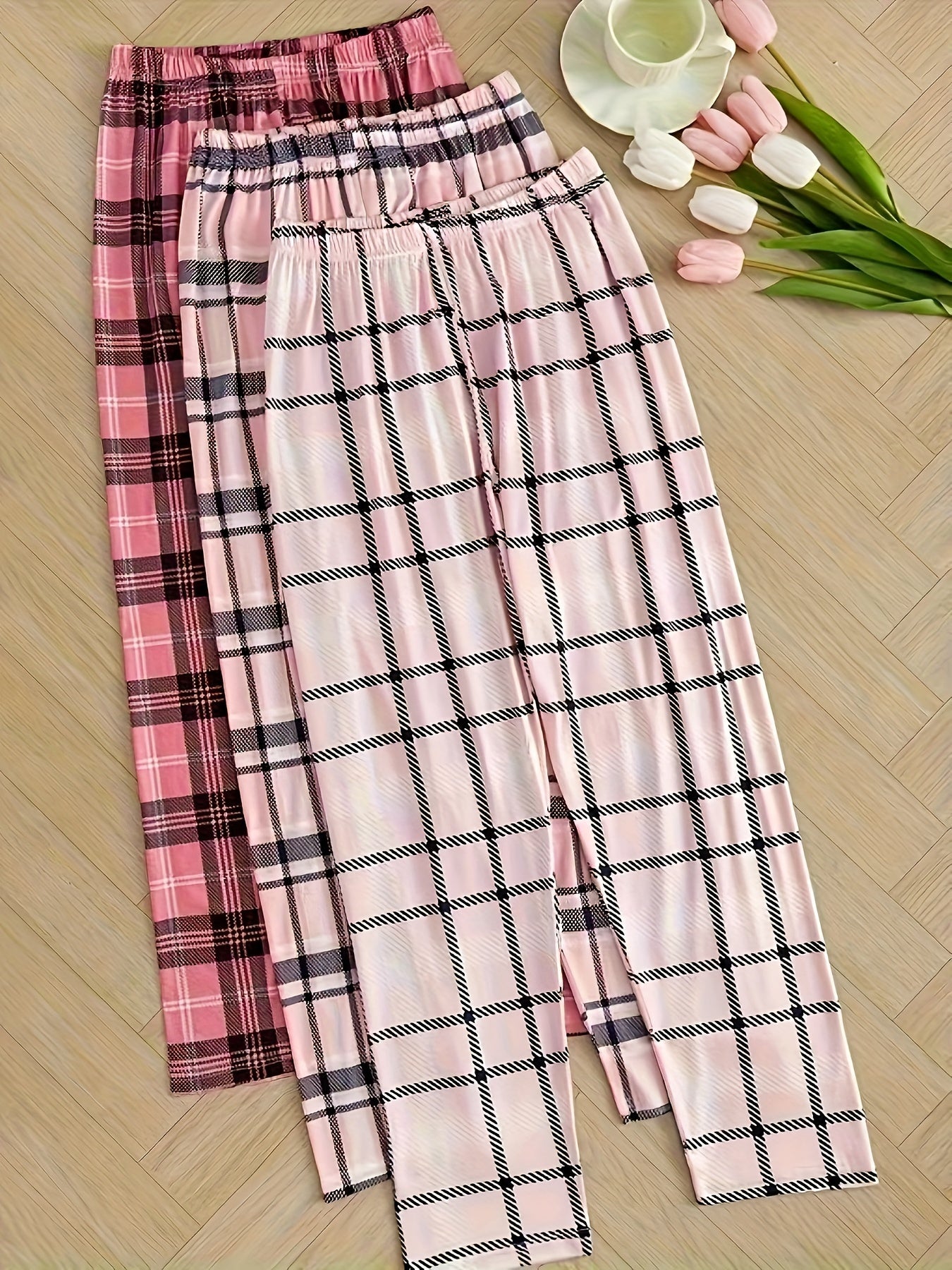 Women's Pink and White Plaid Sleepwear Pants Set with Elastic Waist for All-Season Comfort