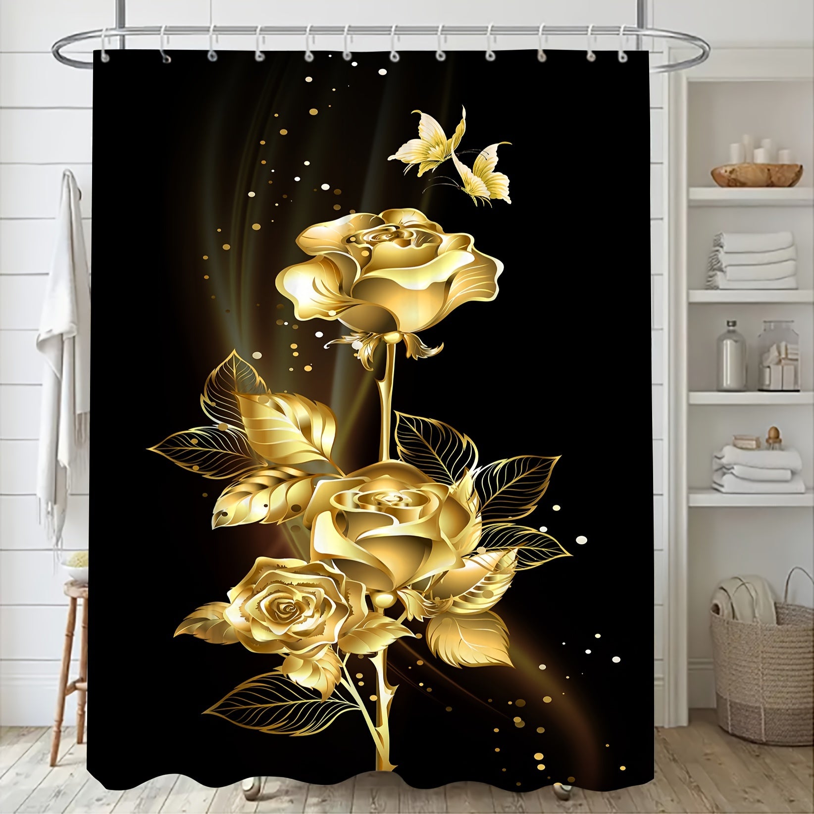 Black and Gold Bathroom Shower Curtain Set with Toilet Accessories