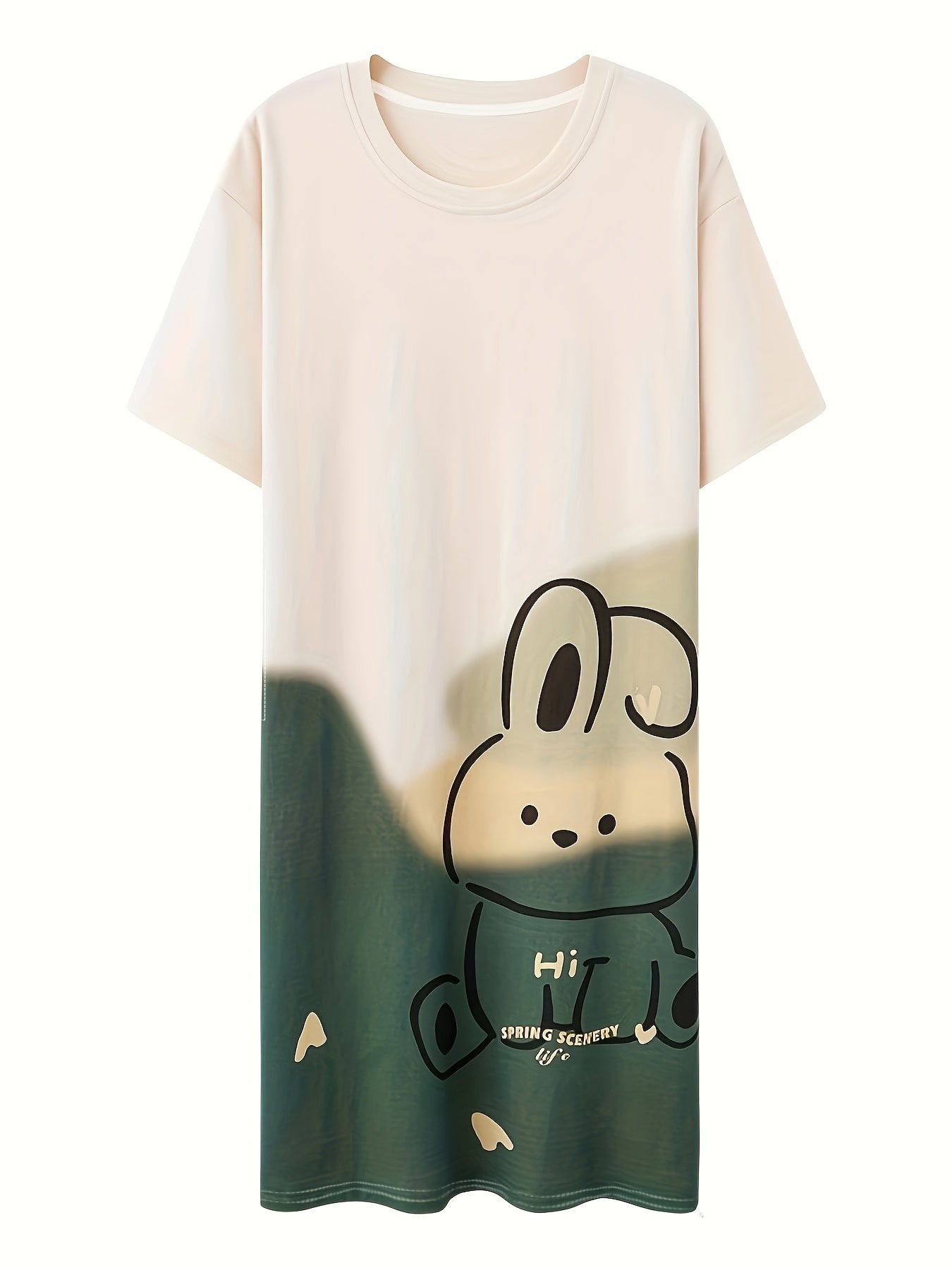 Camisón casual para mujer con estampado de oso de dibujos animados, mangas cortas, longitud media, mezcla de poliéster