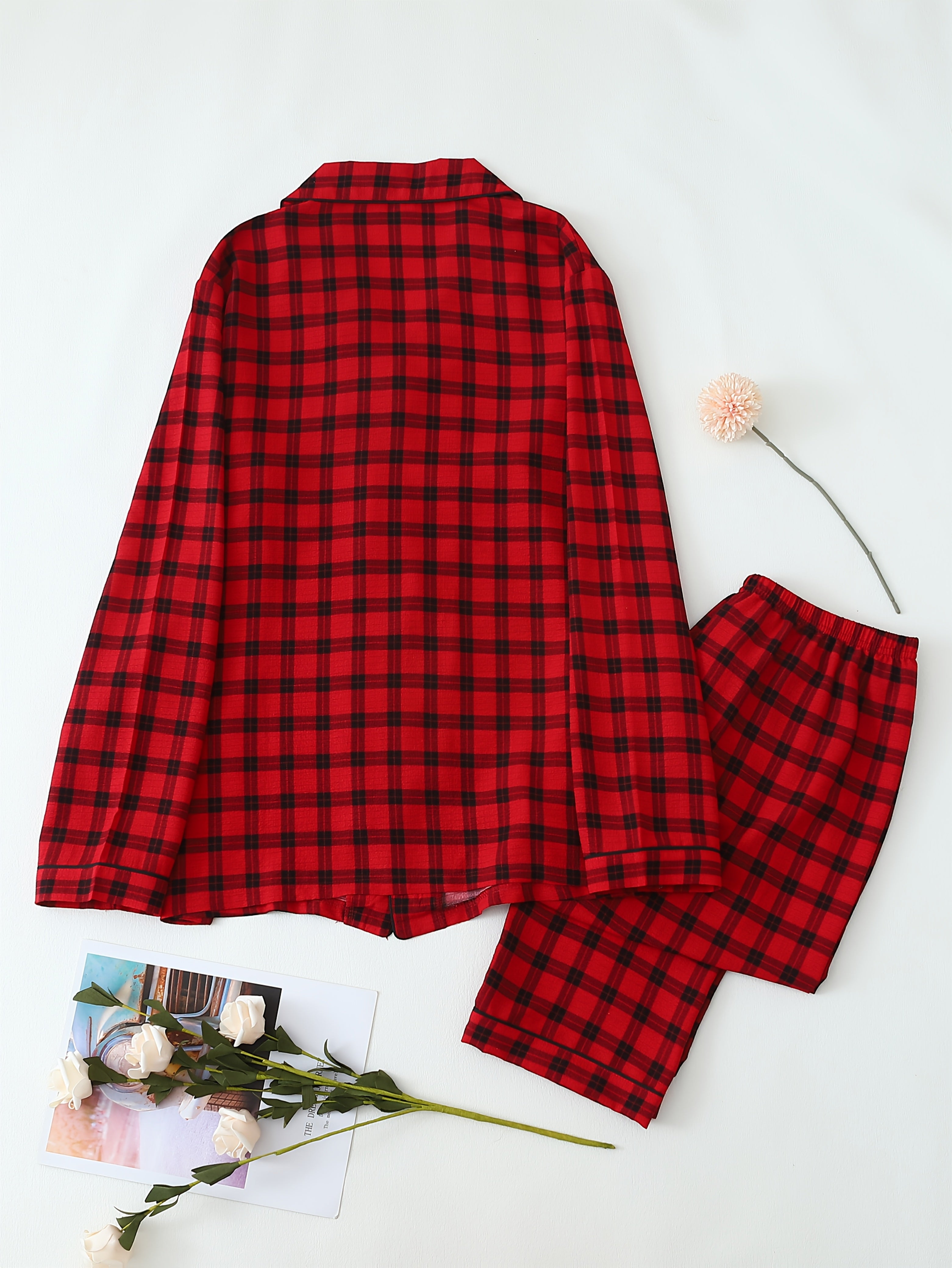 Men's Red Plaid Pajama Set Long Sleeve Polyester Knit Casual Sleepwear