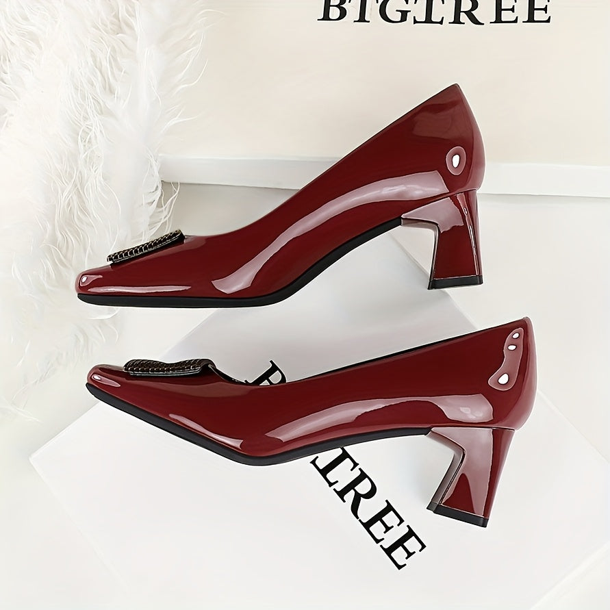 Women's Glossy Black Square-Toe Mid Block Heel Pumps Dress Shoes for Weddings Office