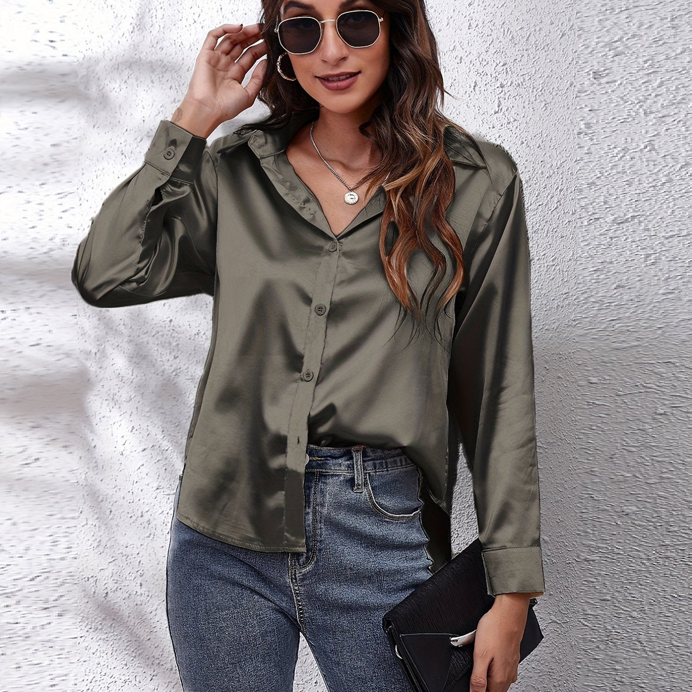 Women's Satin Shirt Long Sleeve Solid Color Lapel Collar Regular Length Single Breasted Elegant Polyester