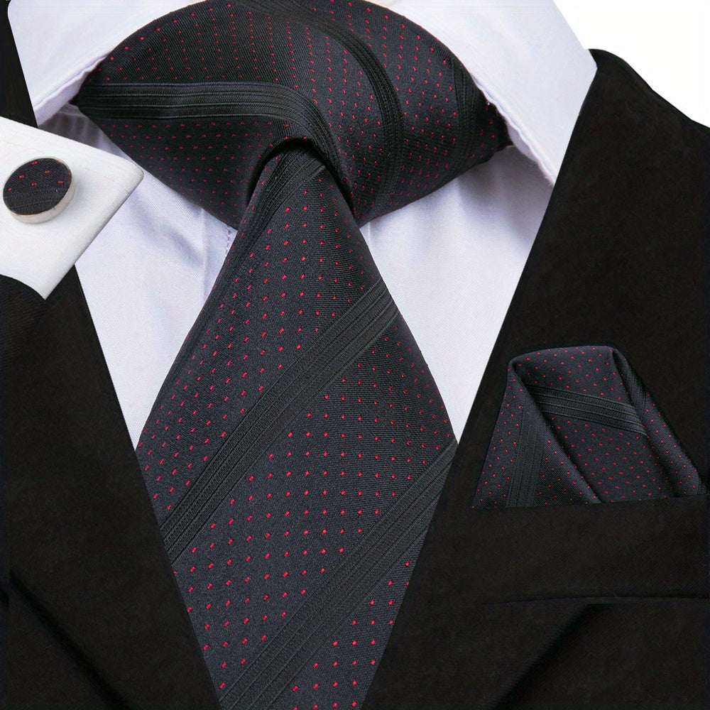 Men's Jacquard Woven Black Tie Set with Cufflinks and Hanky for Weddings and Business