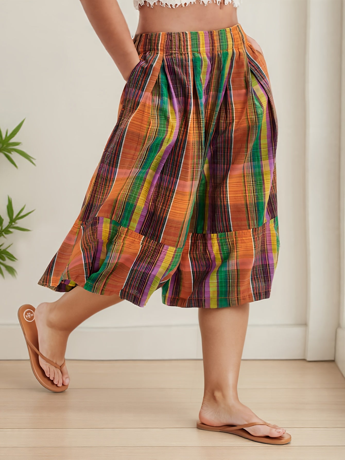 Women Plus Size Summer Beach Palazzo Pants Colorful Striped Loose Fit