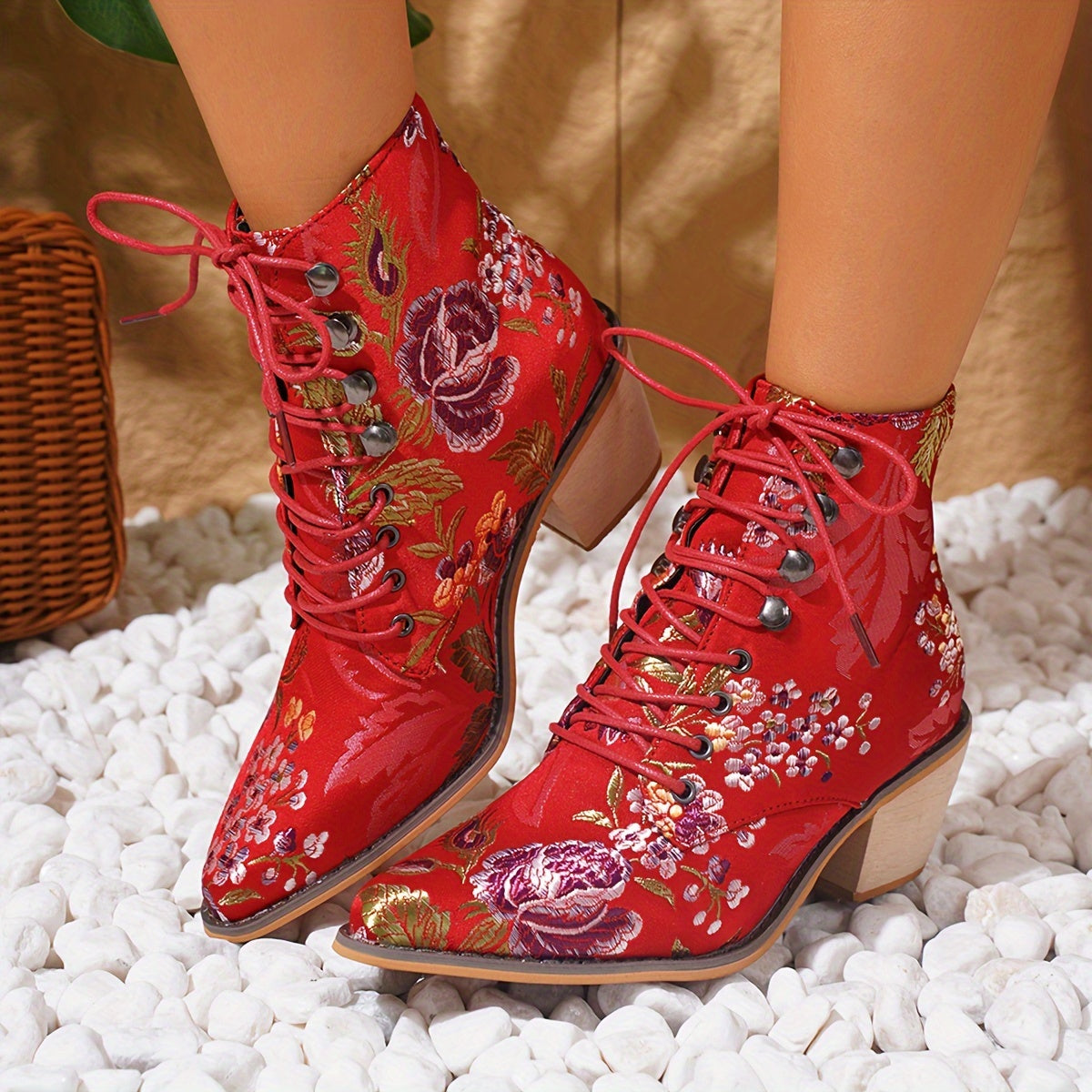 Women's Embroidered Floral Studded Pointed Toe Lace-Up Ankle Boots