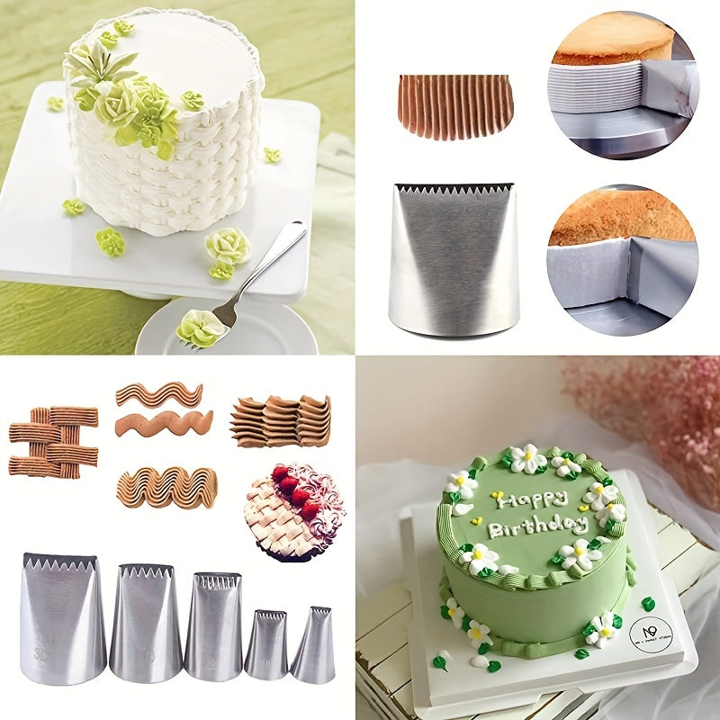 5 dona zanglamas po'latdan yasalgan quvur uchlari to'plami - murakkab tort bezash uchun ideal, tishli va tekis qirralar bilan. Tug'ilgan kun va yubiley bayramlari uchun ideal, zarur tort bezash materiallarini o'z ichiga oladi.