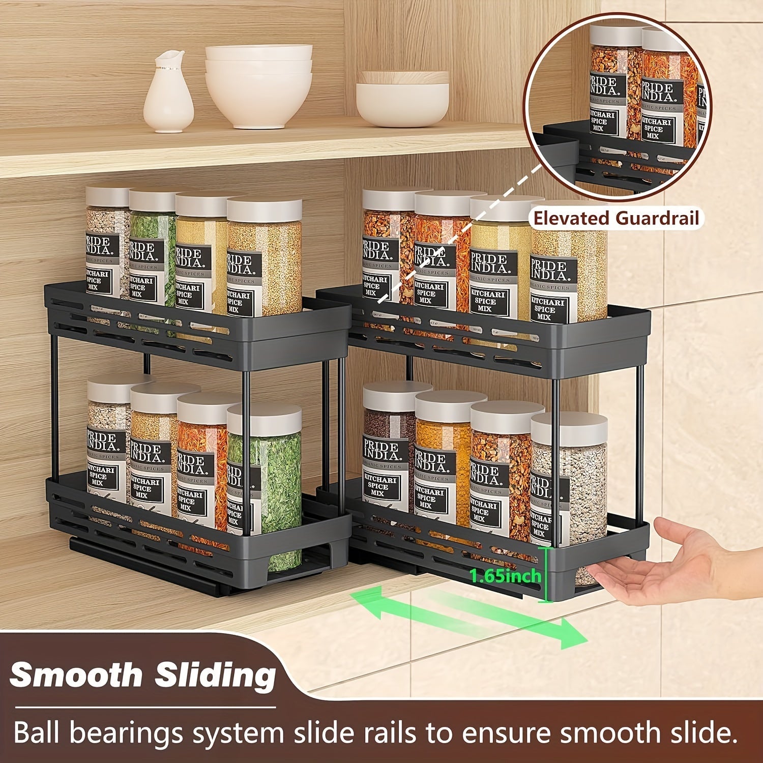 Set of 3 Pull-Out Spice Rack Organizers for Cabinets, Space-Saving, Holds 10 Jars