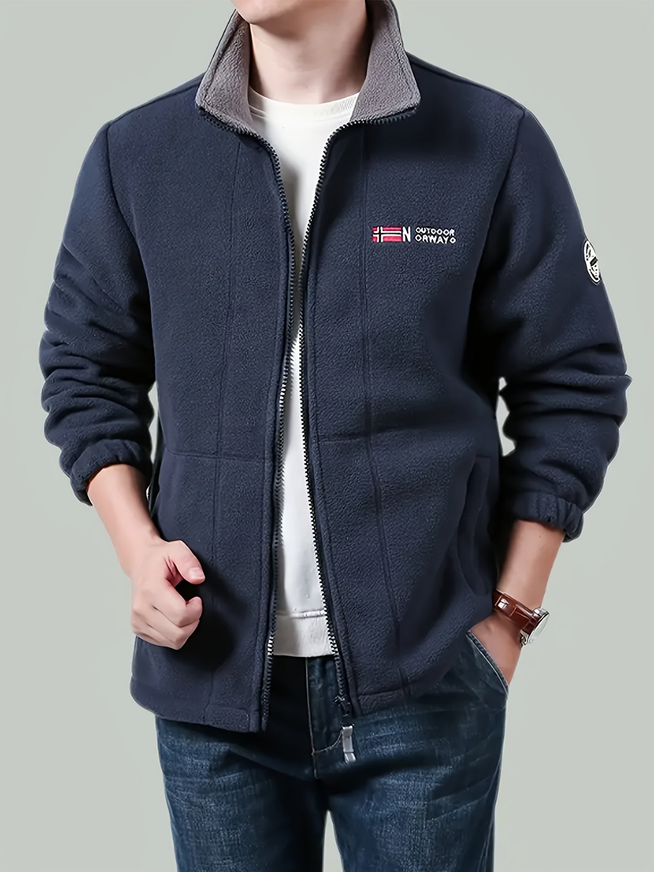 Men's Fleece-Lined Jacket with Embroidered Detailing in Black and Gray Winter Casual Zipper Stand Collar Side Pockets