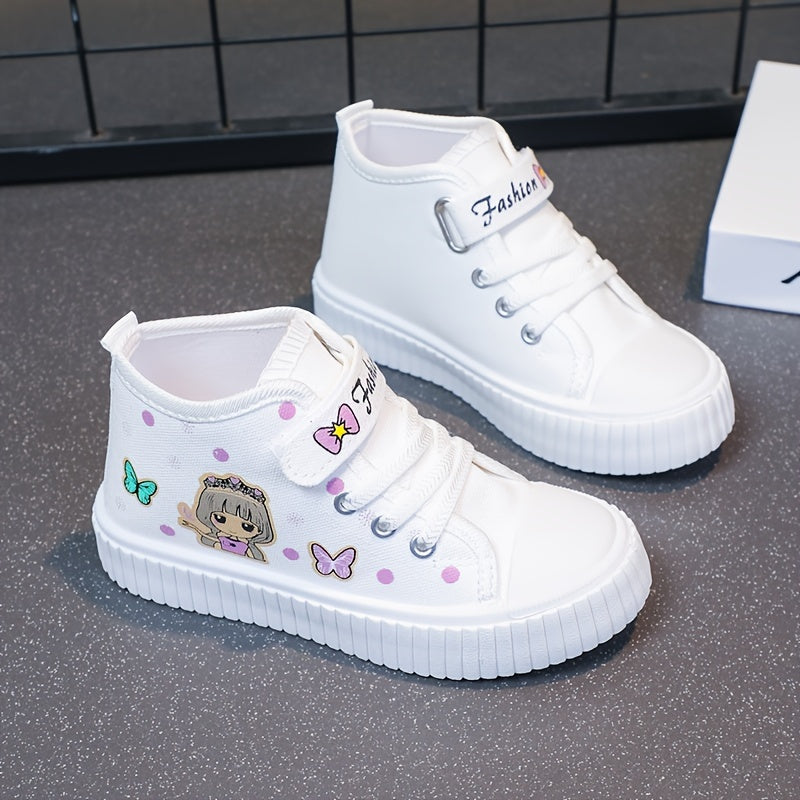 Girls' Canvas Sneakers with Cartoon Pattern, Ruffled Details, Hook-and-Loop Closure