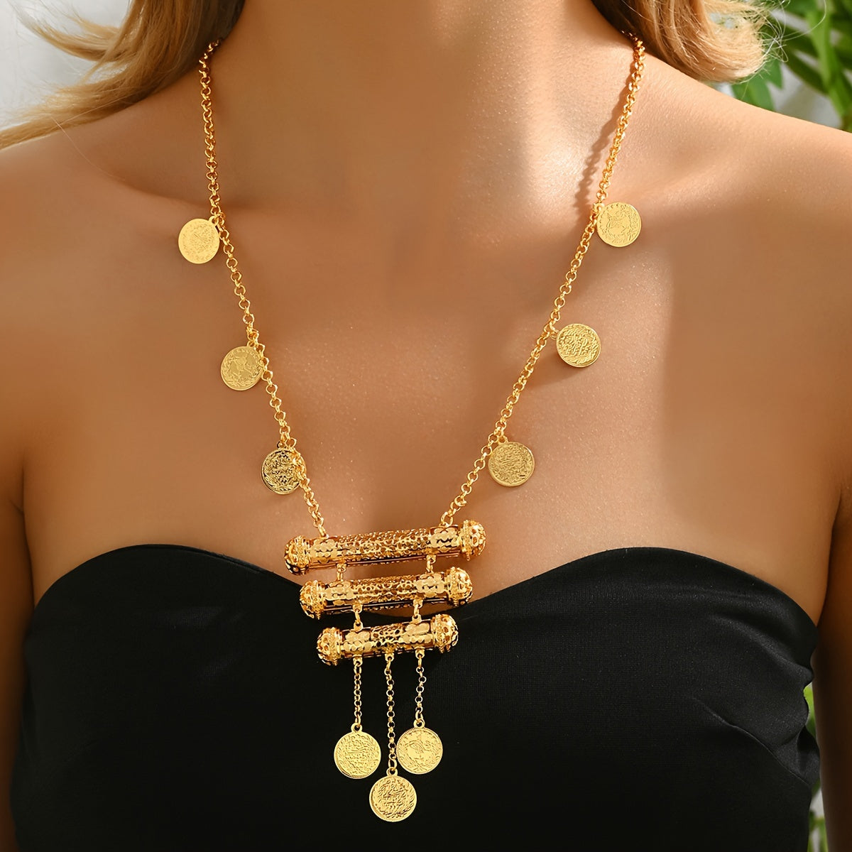 Vintage Floral Long Bar Necklace with Hollow Coin Tassel for Women Weddings Galas Eid