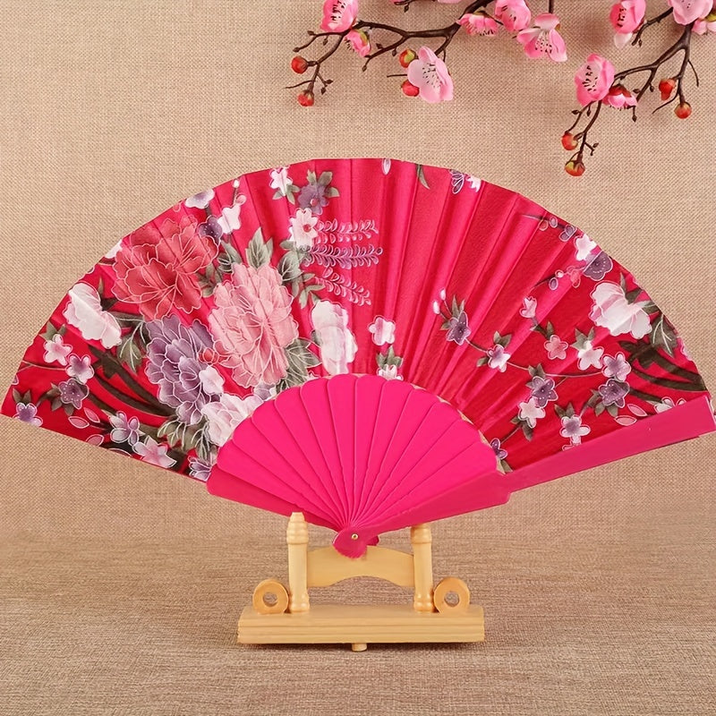 Vintage Floral Silk Folding Fans Set of 8 for Dance Performances and Photo Props
