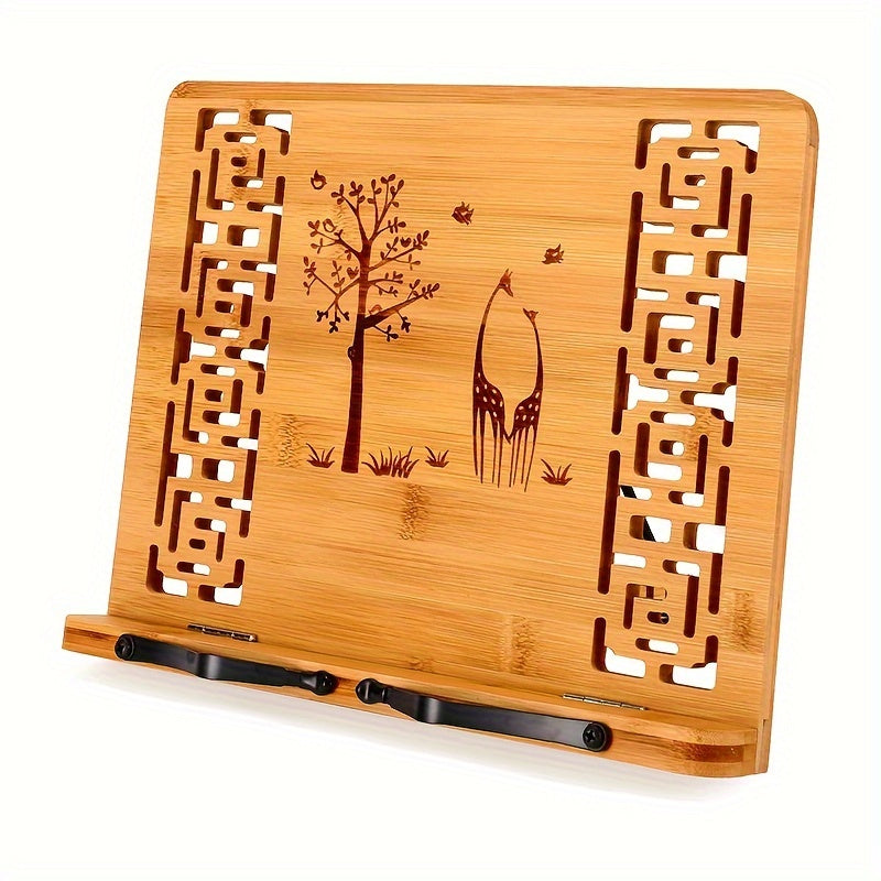 Bamboo Desktop Bookstand with Adjustable Positions and Hollow Pattern for Reading Painting and Video Viewing