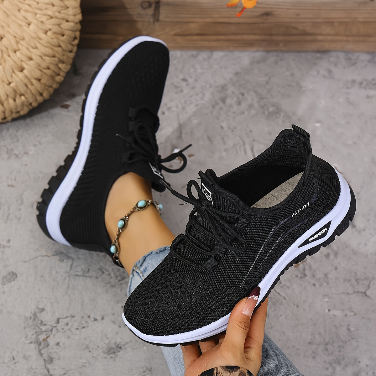 Women's Knitted Running Shoes with Lace-Up, Double-Layer Sole for Walking