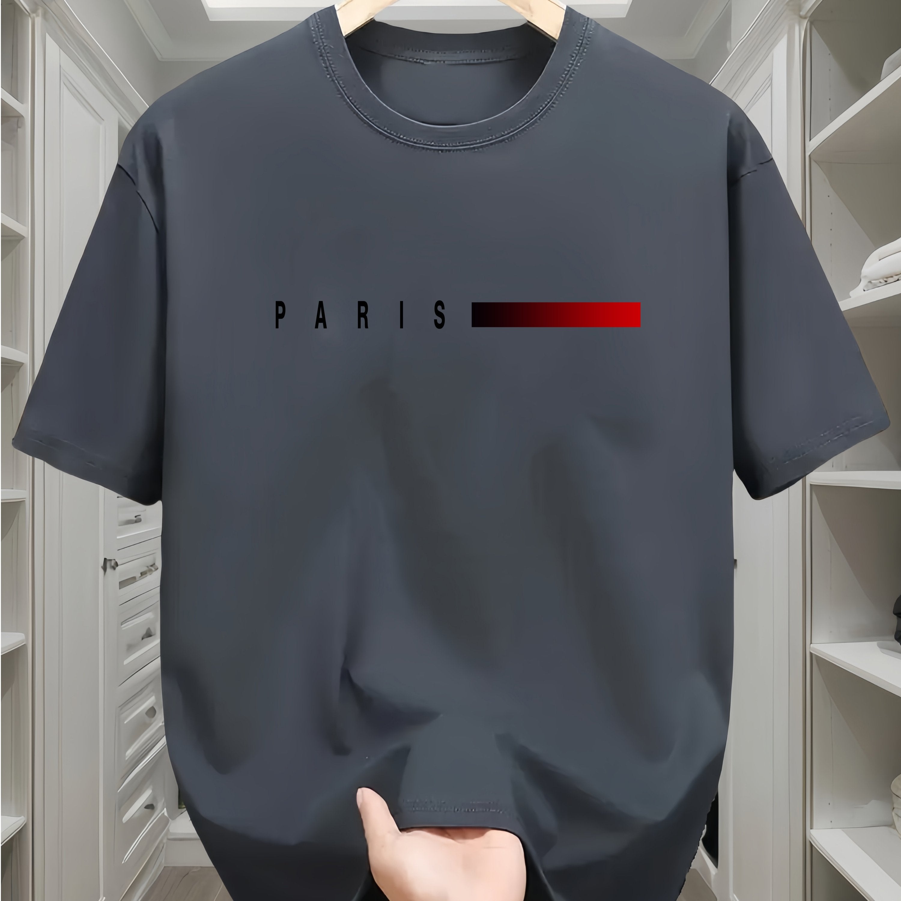 Camiseta de algodón para hombre con estampado de París y patrón geométrico, cuello redondo, manga corta, casual, para todas las estaciones, adolescente, corte regular