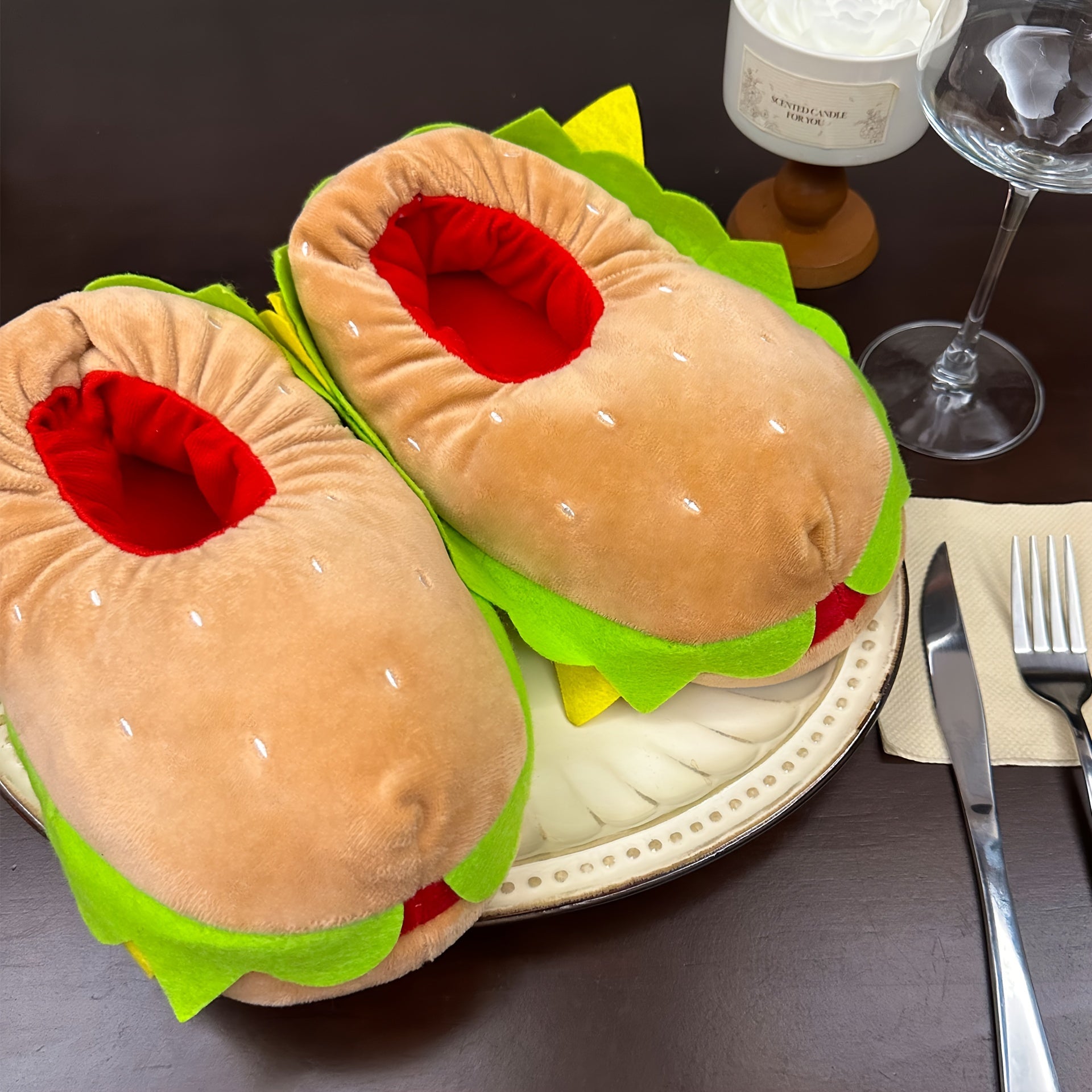 Women/Unisex Plush Hamburger Slippers Indoor Cozy House Shoes