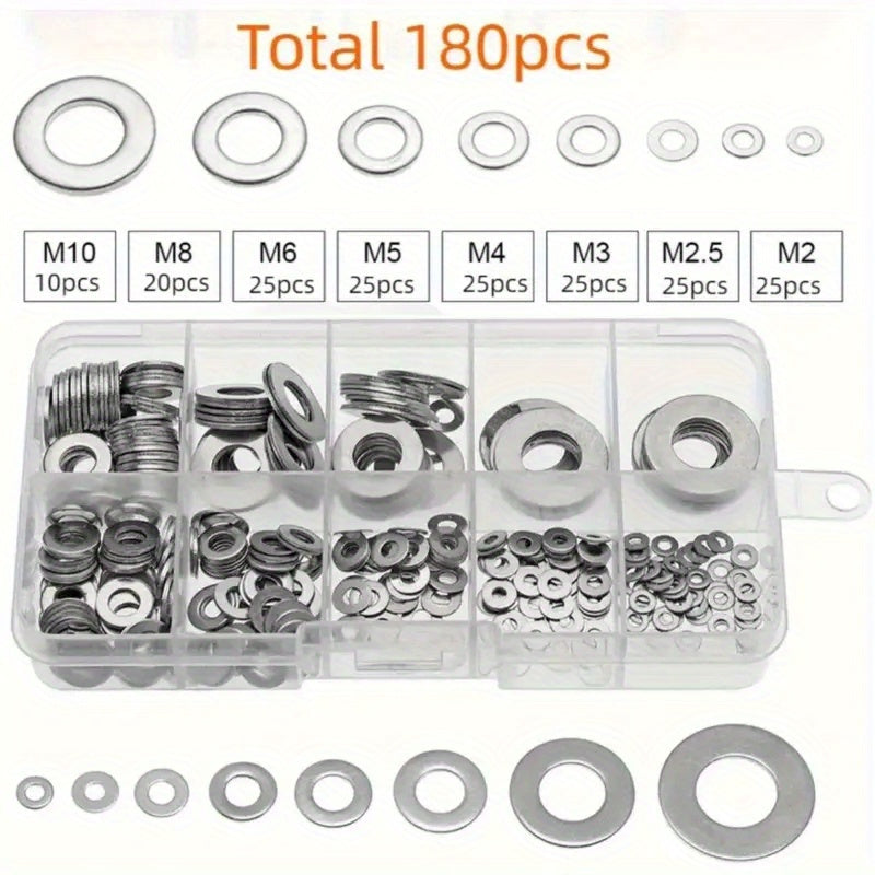 180-Piece Stainless Steel Flat Washer Set M2-M10 for Screws Bolts and Repairs
