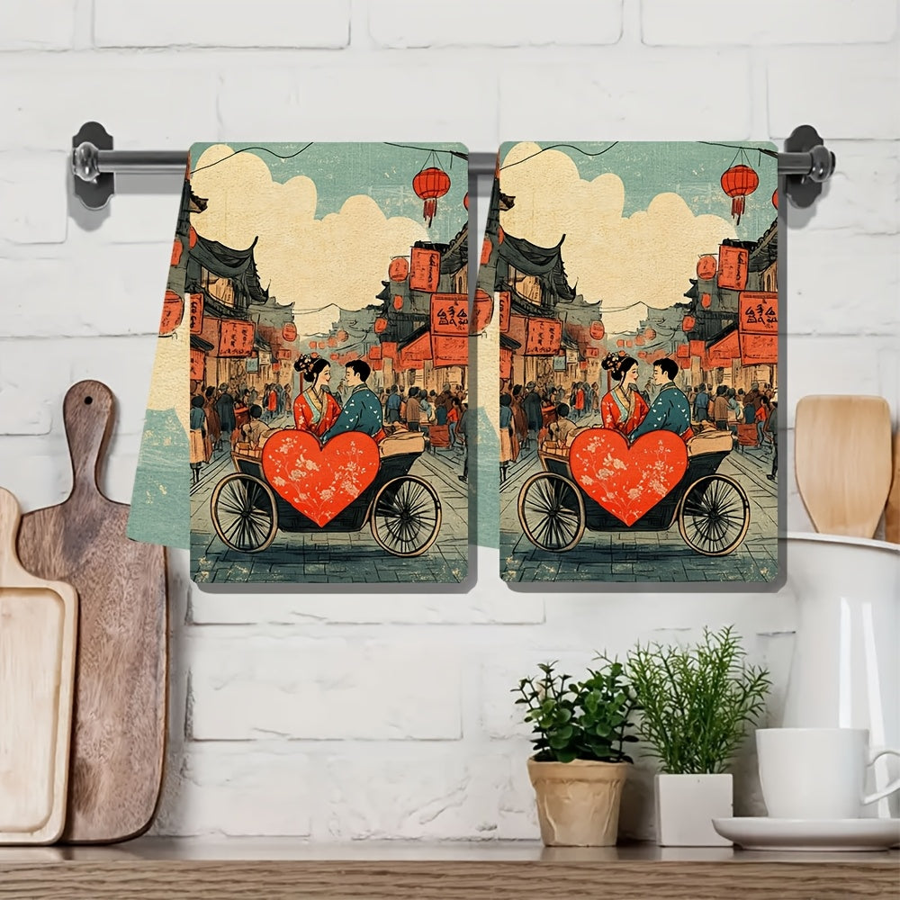 Luxuriously Soft Kitchen Towels with Traditional Chinese Couple Illustration, Highly Absorbent
