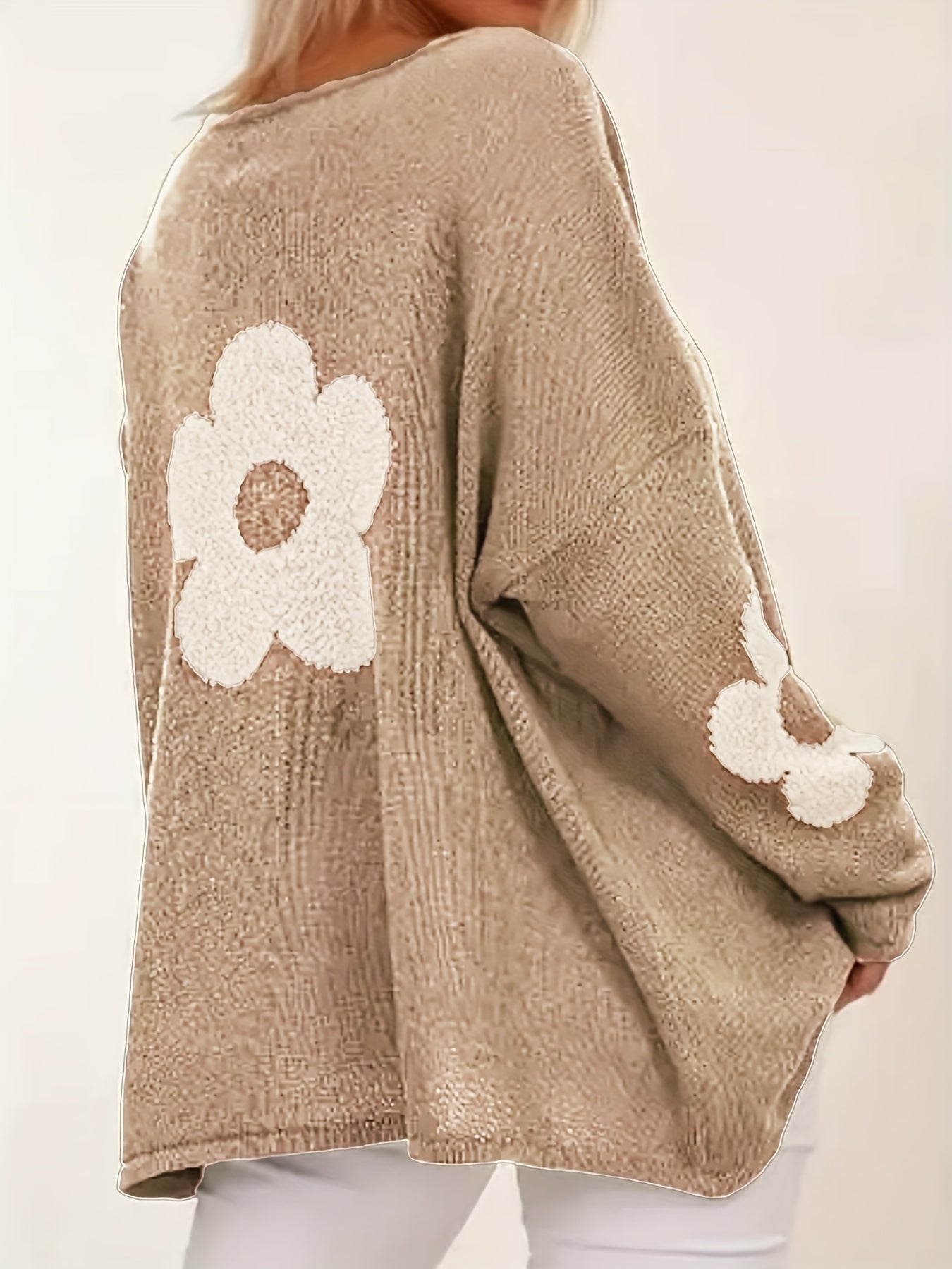 Suéter de punto floral de talla grande para mujer, suave y con estiramiento, top de manga larga