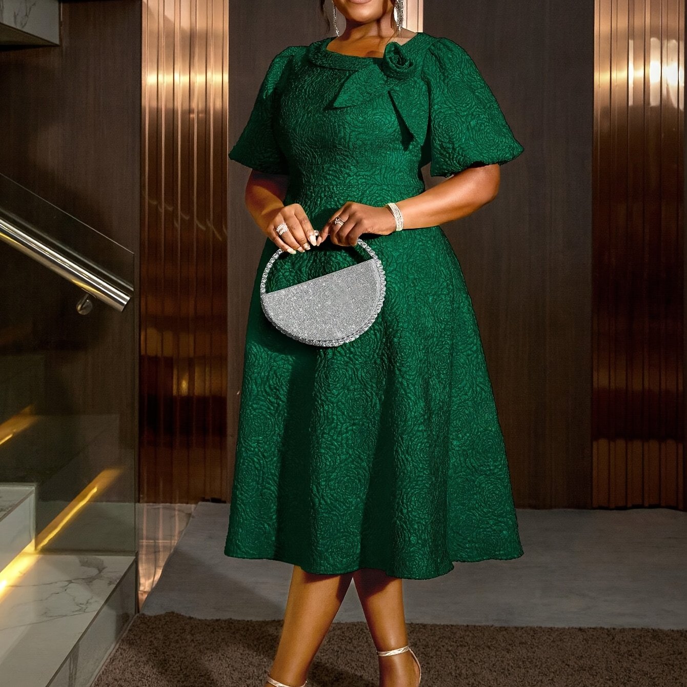 Plus Size Women's Rose Jacquard Flared Sleeve A-Line Skirt Dress for Parties