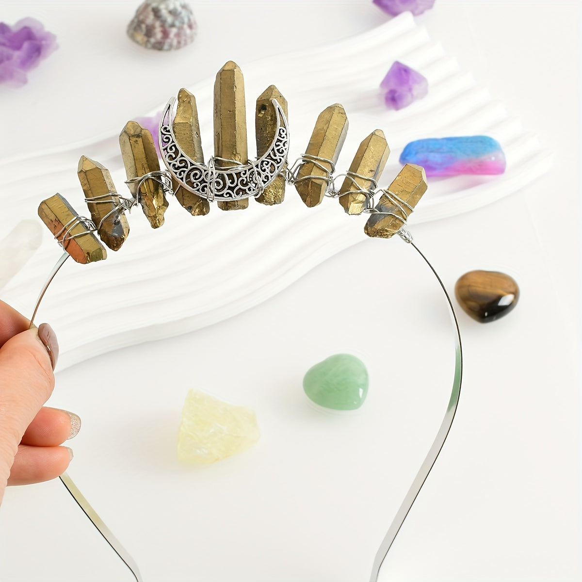 Women’s Crystal Quartz Raw Stone Crown Hairband Tiara for Weddings and Parties