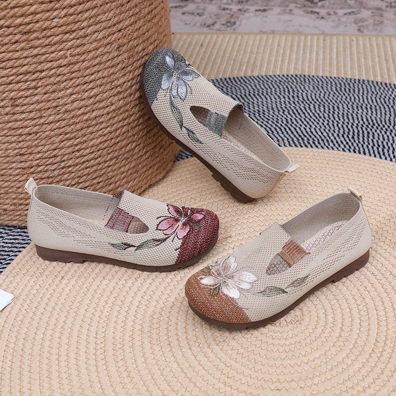 Women's Floral Slip-On Flats Breathable Knit Upper Casual Shoes Beige Gray Brown White