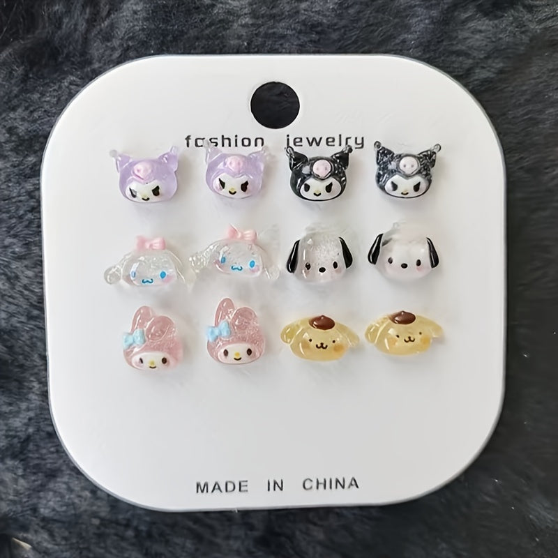 Cartoon Resin Earrings Set for Girls and Women 6 Pairs Stylish Feather-Free Jewelry
