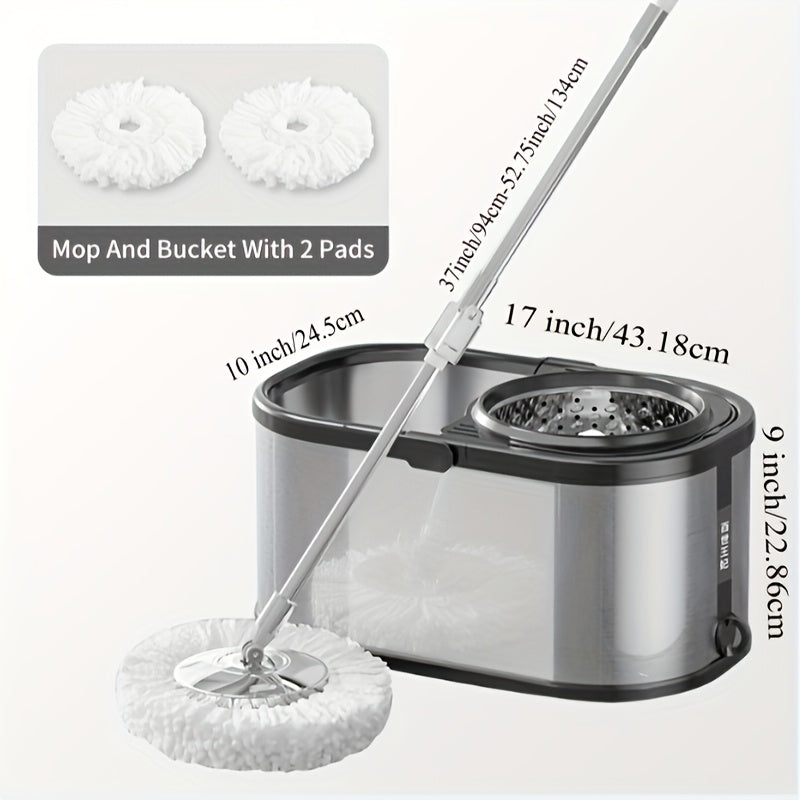 Qayta ishlatiladigan yostiqlari bilan zanglamaydigan po'latdan yasalgan Spin Mop va kova to'plami, ho'l va quruq polni tozalash uchun