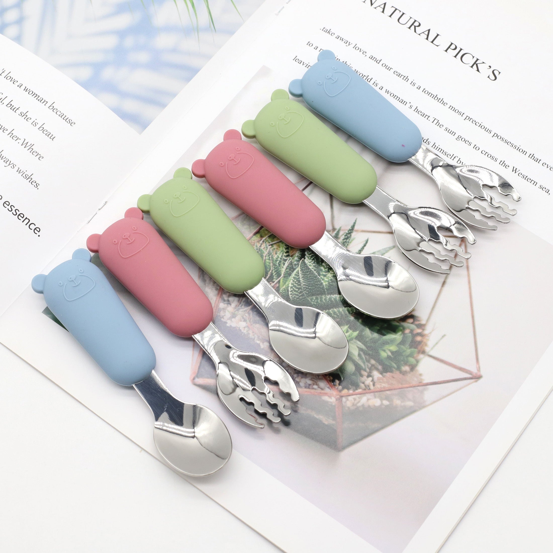 Baby Feeding Utensils Set Silicone and Stainless Steel Bear Shape for Babies Red Blue