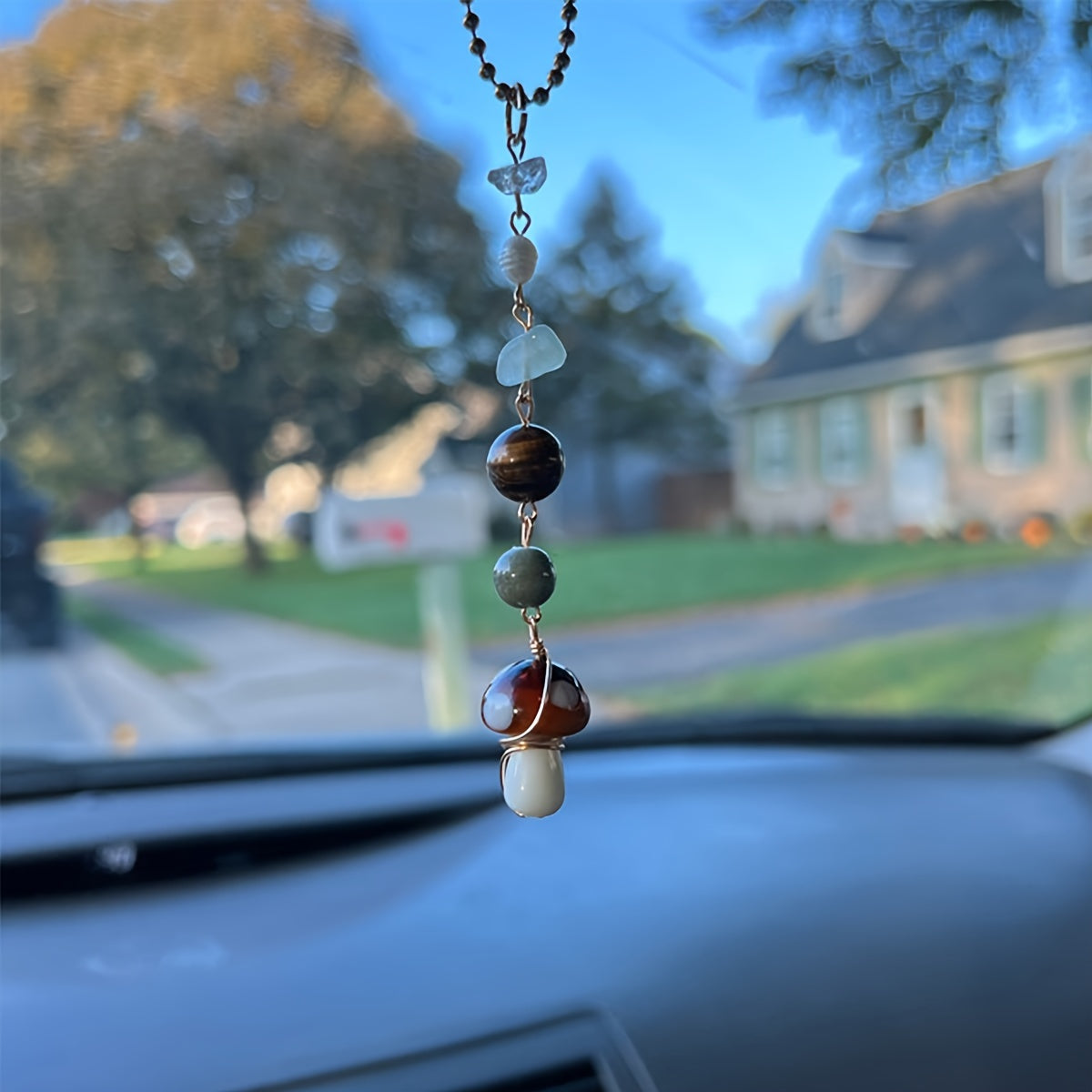 Car Rearview Mirror Ornament with Natural Stones Evil Eye Lucky Clover Ladybug