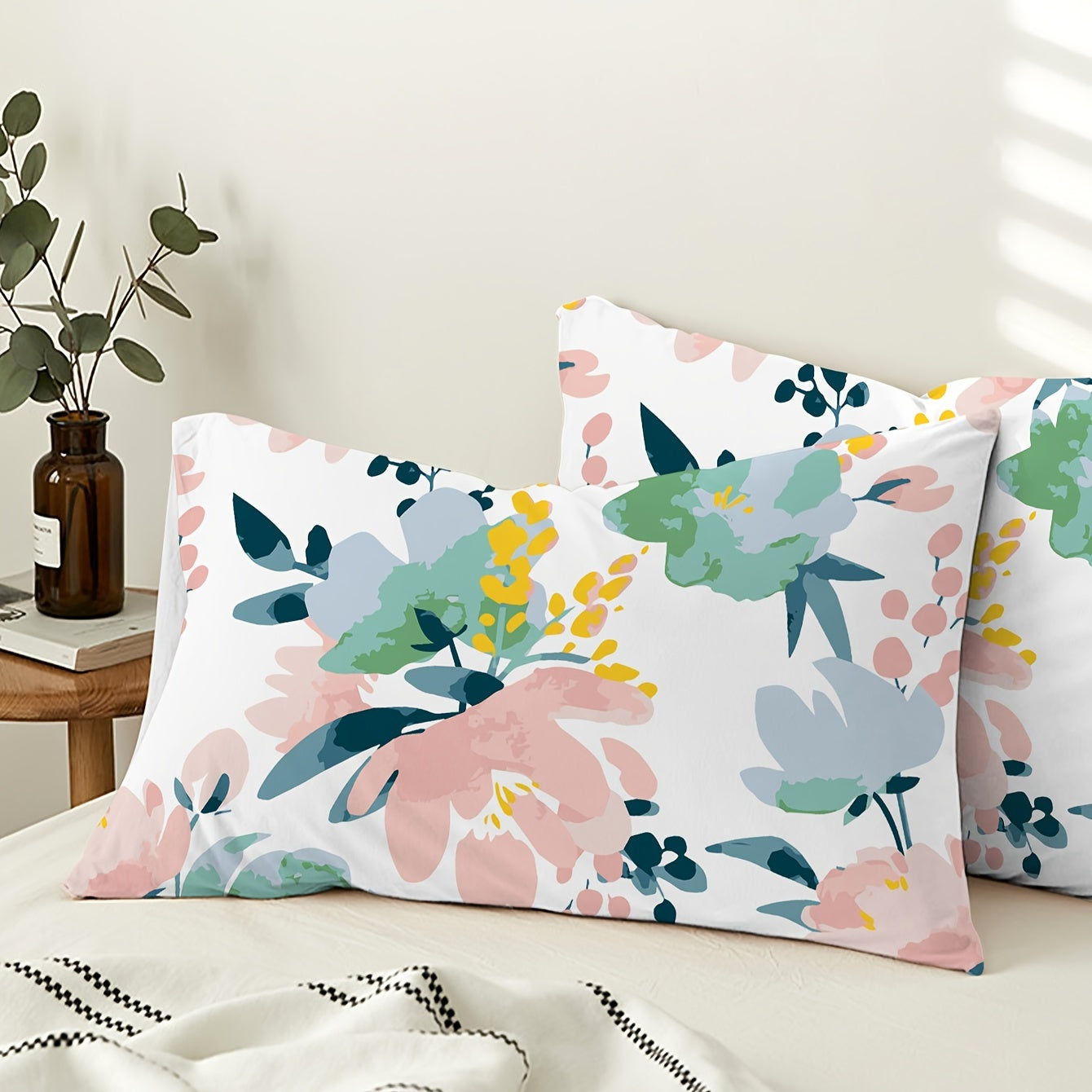 Floral Print Pillowcases Set Soft Brushed Polyester Envelope Closure Home Decor