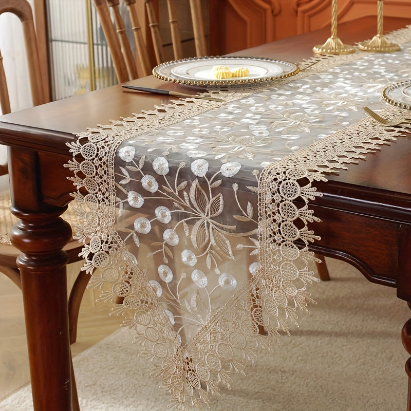 White Embroidered Organza Table Runner for Holiday Wedding Dining Decor