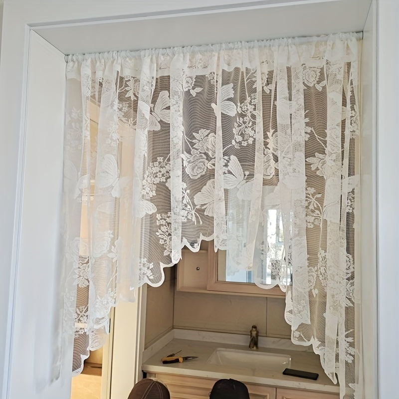 White Lace Butterfly Floral Curtain UV Protection Rod Pocket for Kitchen Living Room