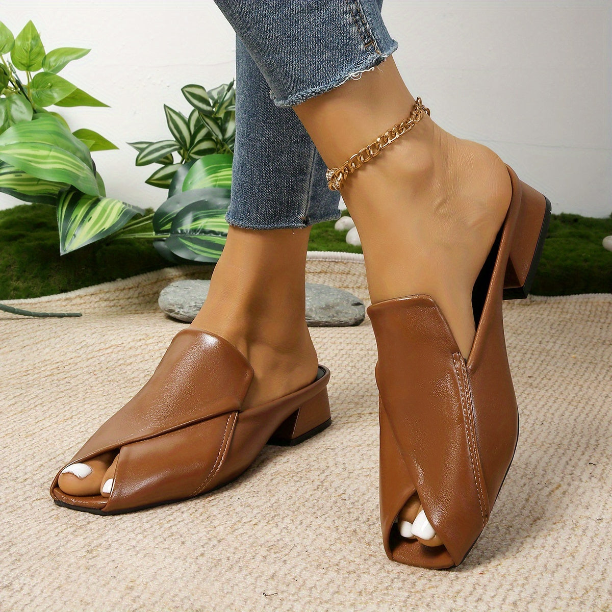 Women's Open Toe Slip-On Sandals Breathable Synthetic Cushioned Mid-Heel