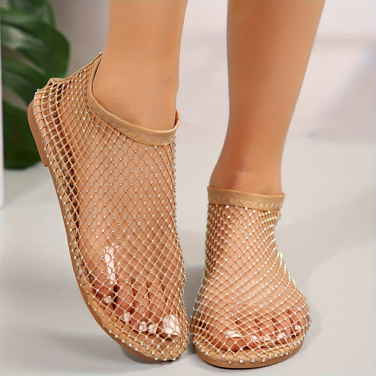 Women's Rhinestone Mesh Flat Shoes with Crystal Embellishments and Rubber Sole