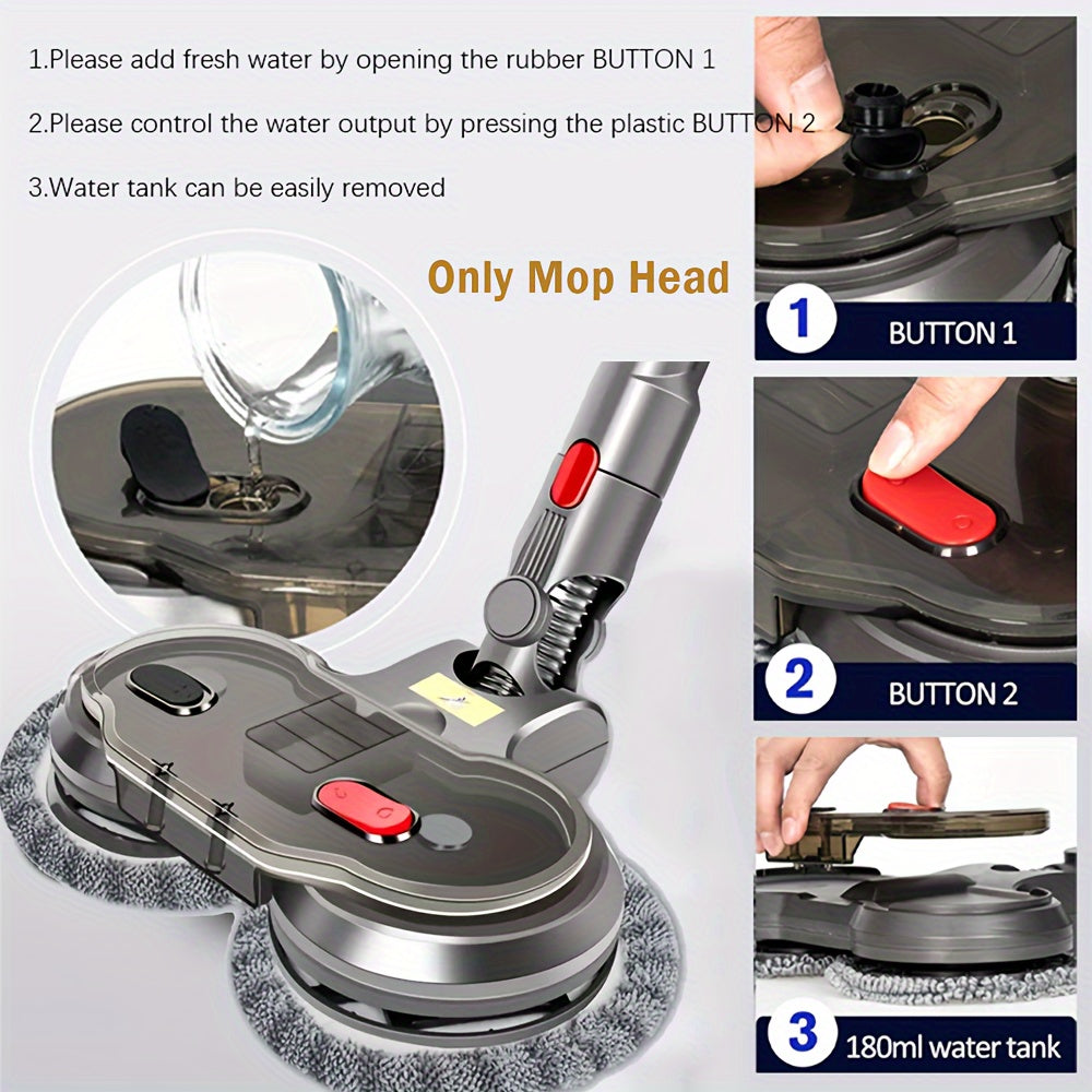 Dyson bilan mos keladigan elektr mopu boshqichi, olib tashlanadigan suv tanki bilan, 6 ta mato kiritilgan, yog'och, plitka va shisha tozalash uchun. Qo'ltiq yoki tayoq yo'q.