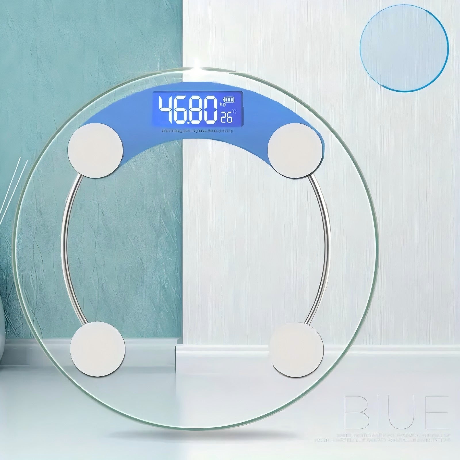 Round digital bathroom scale with glass platform blue backlight display modern design