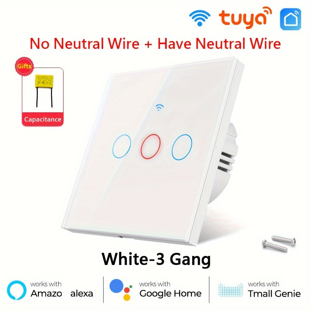 Smart Touch Wall Switch WiFi App Control Tempered Glass 86mm Single or Zero Wire Replacement in White or Golden