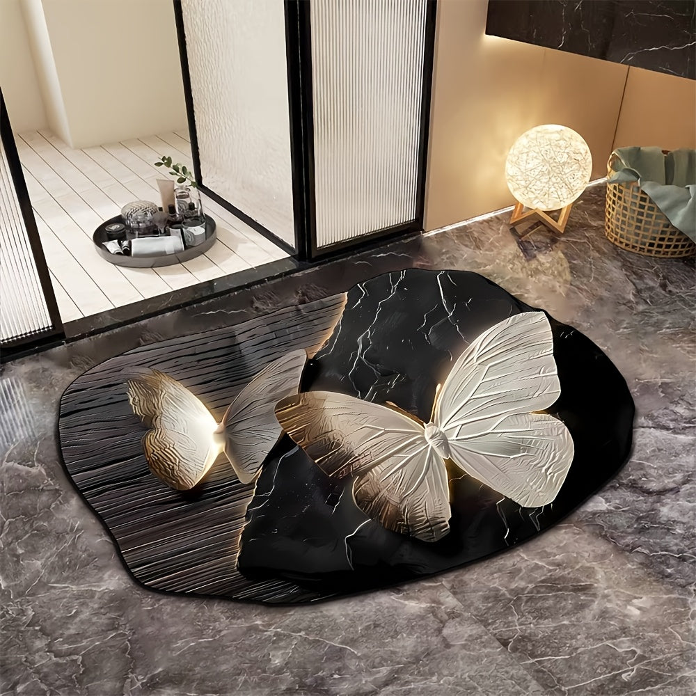 3D Flower Butterfly Pattern Non-Slip Bathroom Rug Water-Absorbent Quick-Drying Oval
