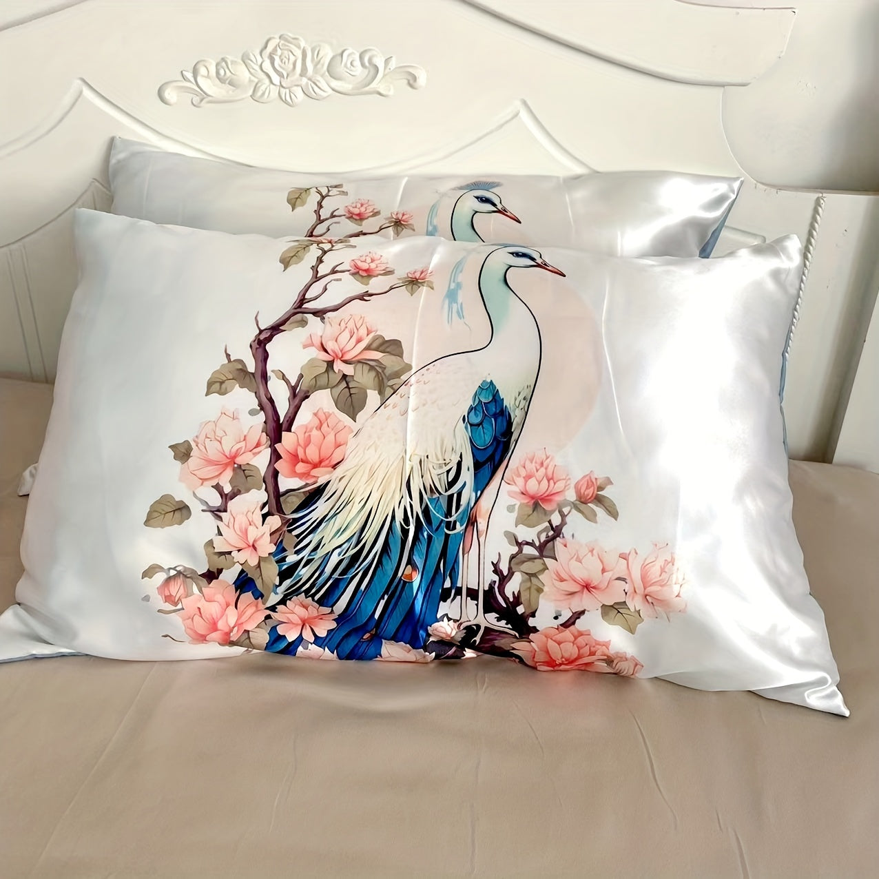 Set of 2 Satin Pillowcases with Floral Bird Patterns Reversible Envelope Closure