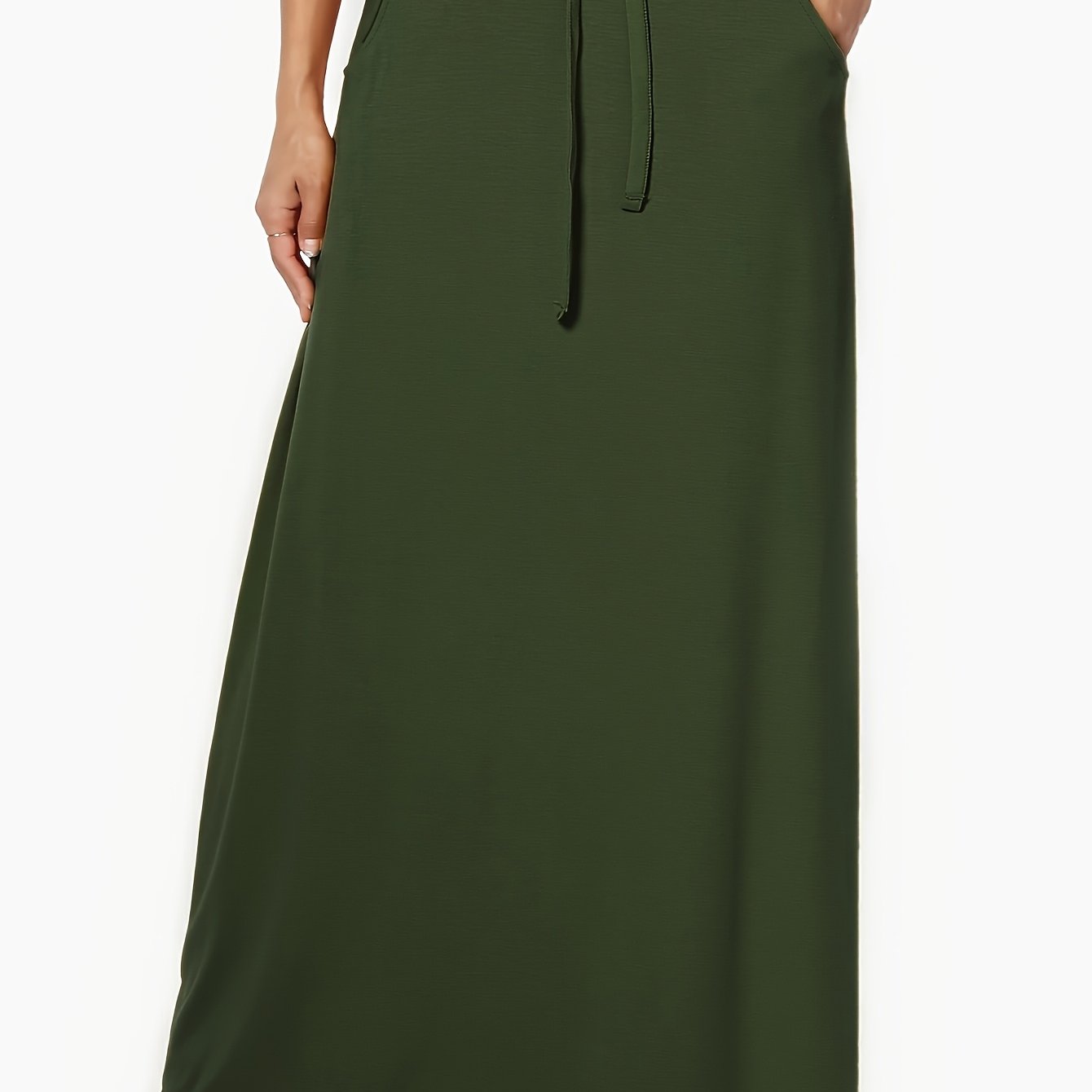 Women's Maxi Skirt Green Solid Color Elastic Waist Pockets Polyester