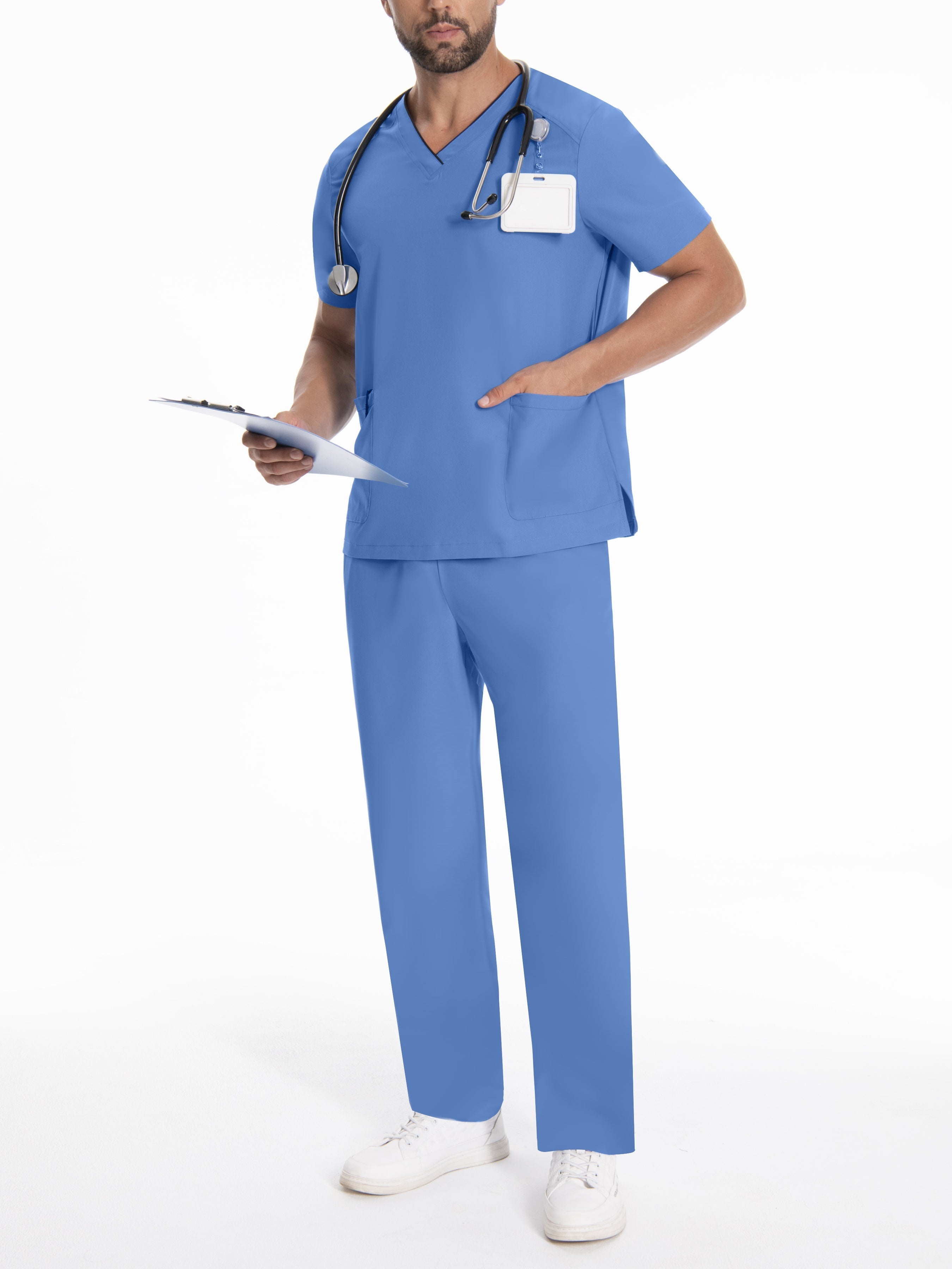 Men's Short Sleeve Uniform Set Polyester V-Neck Scrubs with Pockets in Solid Color