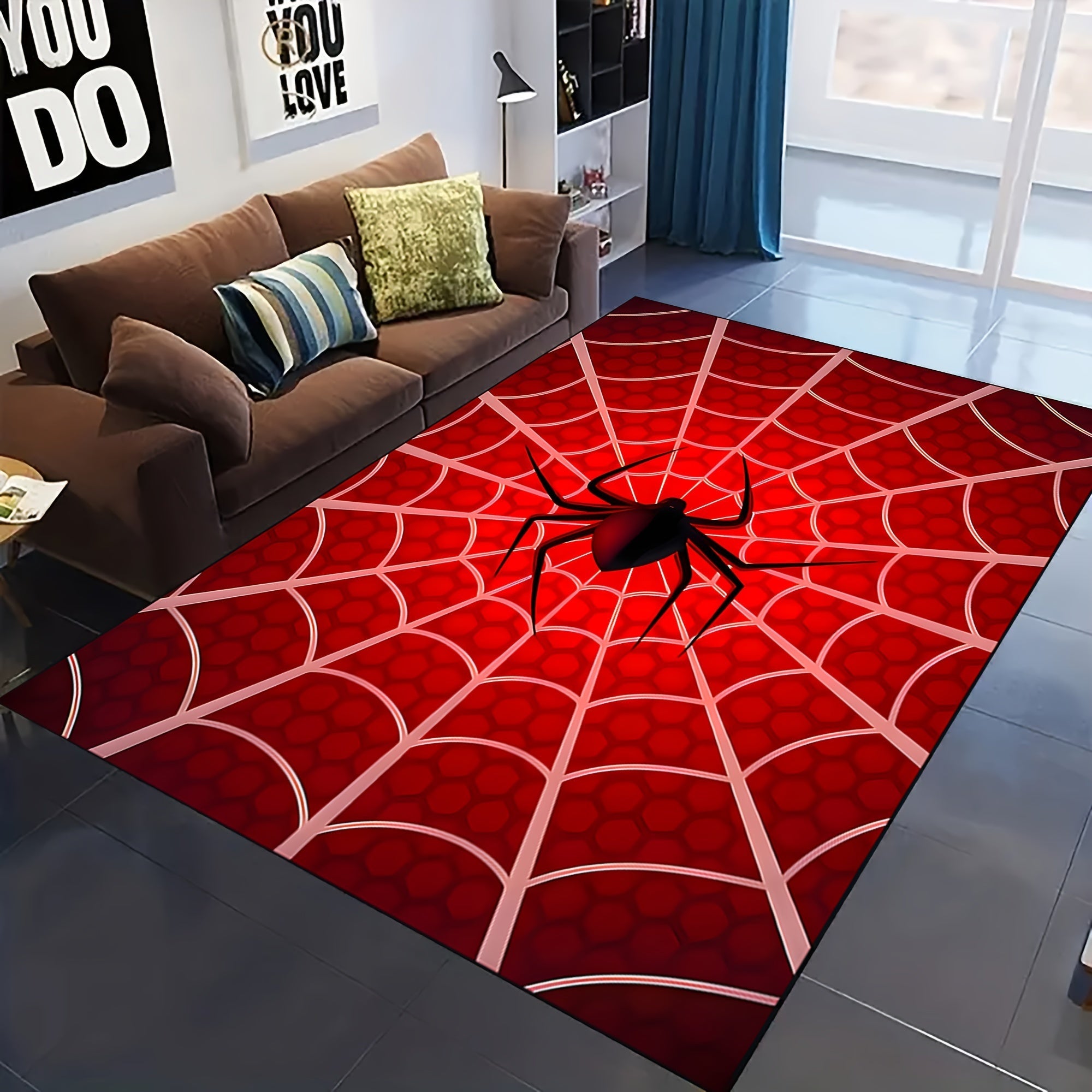 Alfombra de área con patrón de telaraña 3D de poliéster antideslizante y lavable para sala de estar y dormitorio