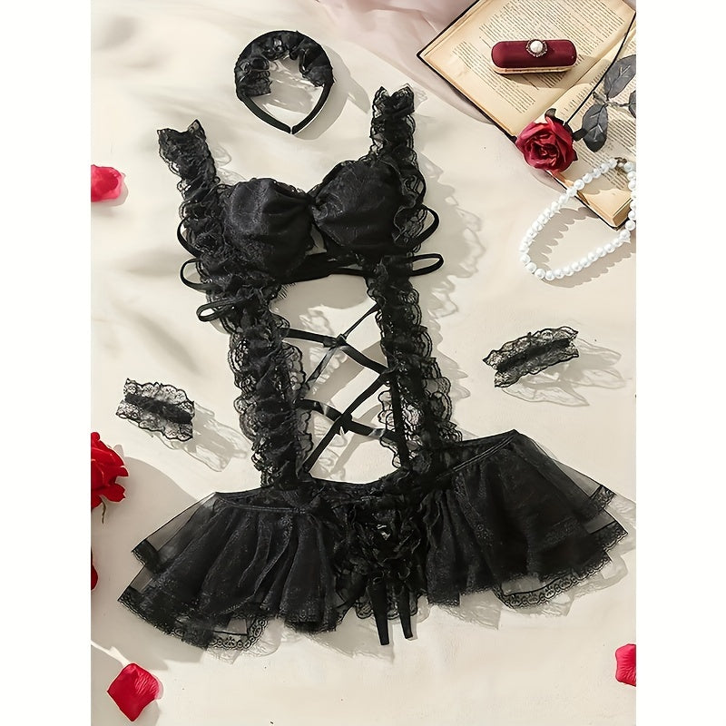 Adult Loungewear Set Mesh Jumpsuit with Lace Trim and Geometric Patterns