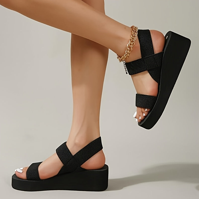 Women Black Wedge Sandals Open Toe Summer Casual Strappy